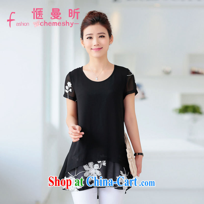 Sit back and relax, the year older women 2015 summer new loose snow woven large code MOM with a short-sleeved shirt yumo 1588 color black XXL