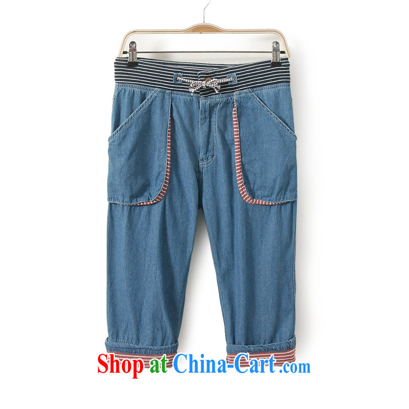 Spring new 2014 larger female pants thick mm large foreign trade, women in Europe and America, the 7 blue jeans pants blue TwN L _tile measurement pants control_