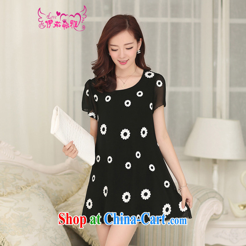 The Ju-Yee Nga new summer the Code women's clothing thick sister graphics thin embroidered snow-woven short-sleeved and indeed intensify dresses YJ 089 black XXXXL