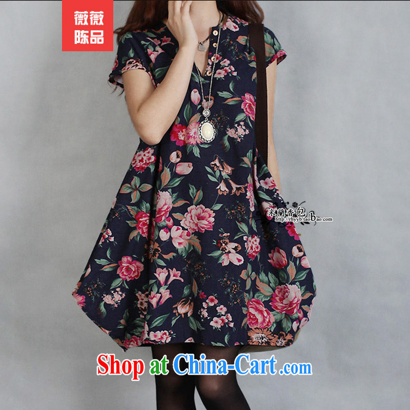 Support payments can be debated here 2014 summer, the Code women mm thick sister loose video thin stamp short-sleeved cotton Ma dresses 839 dark blue XXL