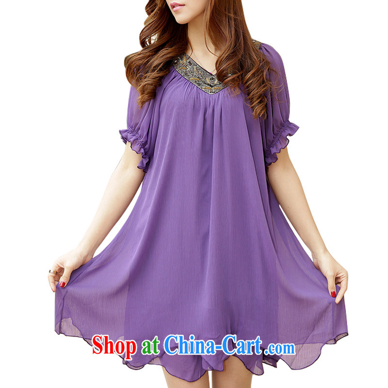 The line spend 2014 new V mighty code dress loose the code dress and indeed the snow woven skirt 2531 - 1 purple 4 XL, sea routes, and, on-line shopping