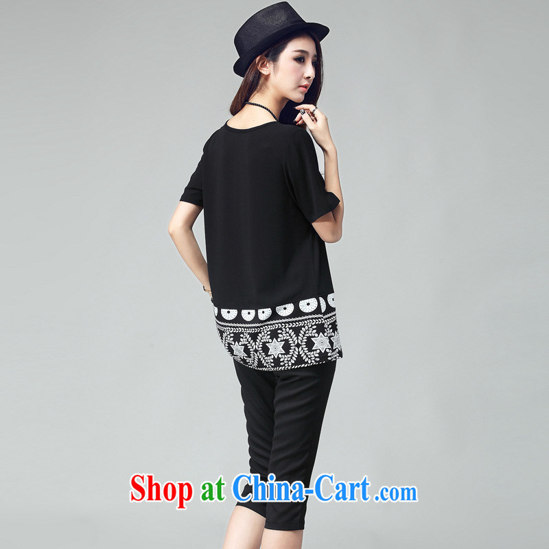 Early morning would be 2015 summer new Korean version and indeed increase, female fat sister loose video thin short-sleeved ethnic wind knocked-color stamp stitching Leisure package black 4XL, morning, and shopping on the Internet