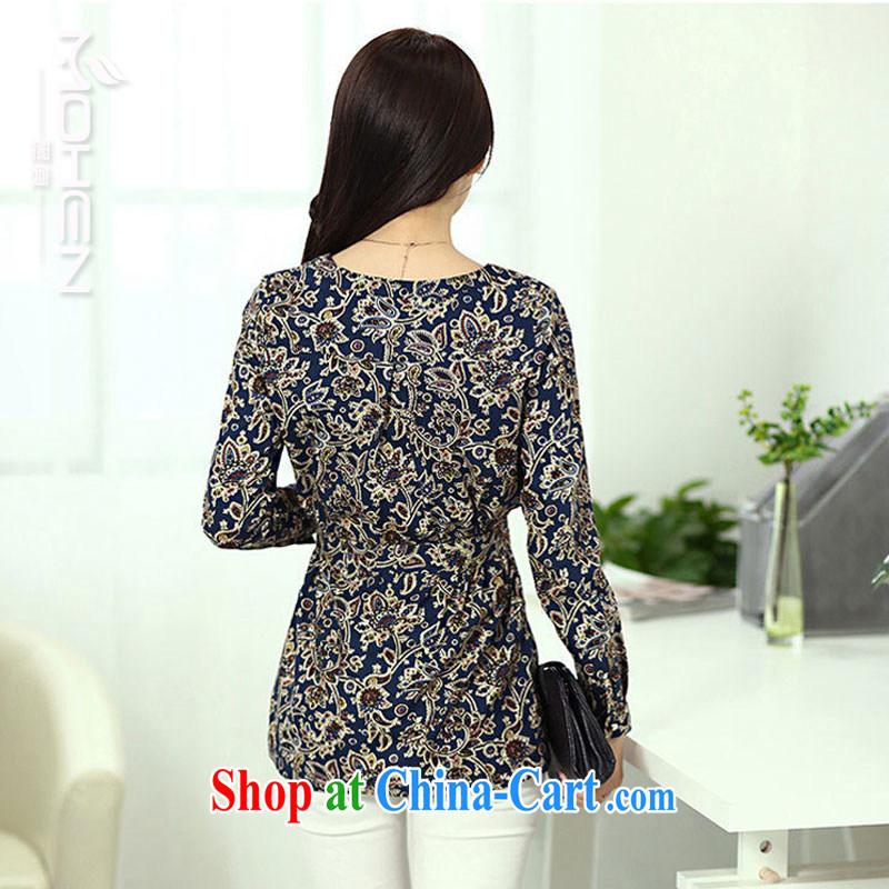 The ink marks fall 2015 new fertilizer and code, Korean trendy, Retro Palace stamp the waist round-collar long-sleeved shirt T thick MM Sau San video thin T-shirt dark blue XXXL, ink marks, and shopping on the Internet