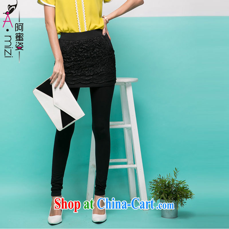 The honey and diverse thick mm maximum code female Korean version graphics thin Elastic waist lace stitching false 2 part-solid pants and skirts women 8772 black XXXXL, the honey, and the Code women, shopping on the Internet