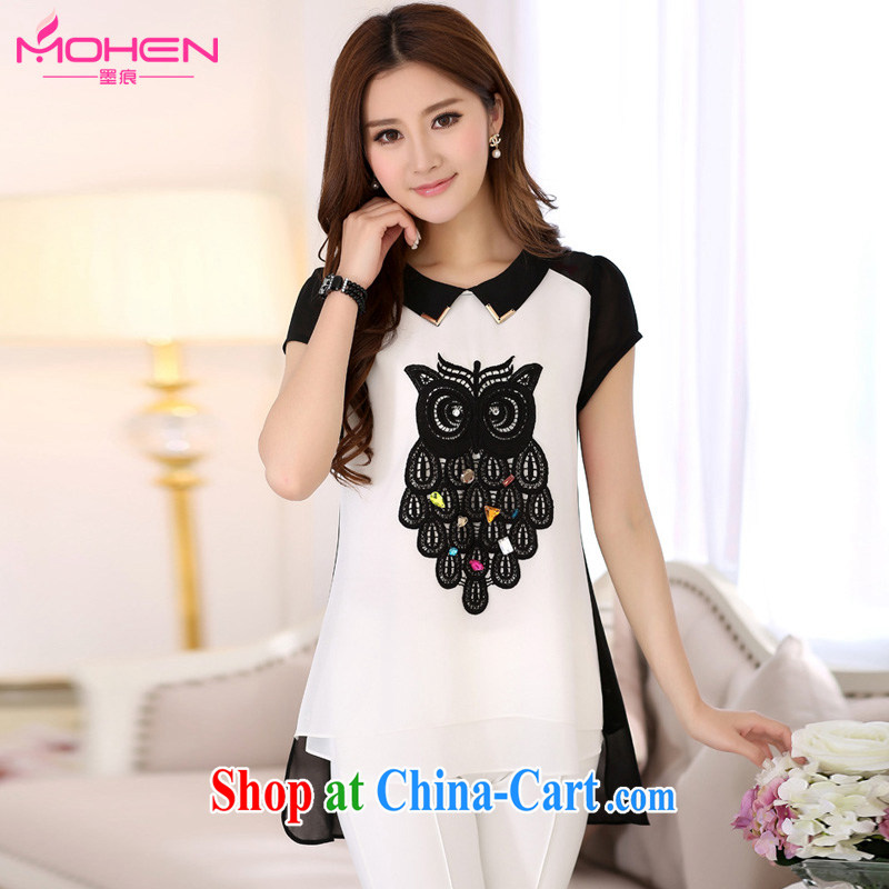 The ink marks summer 2015 King, female child adoption cute owl stamp short sleeve shirt T larger relaxed, do not rule out the snow woven shirts black 4XL