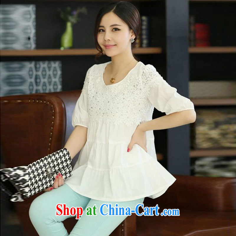 Simply stamp 2015 new loose round collar sleeveless shirts T girl lace shirts dolls T-shirt large code 9025 white L