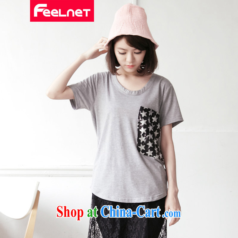feelnet XL female Korean lax 2015 summer new thick mm maximum code t-shirt short-sleeved shirt T 2142 large gray code 6 XL