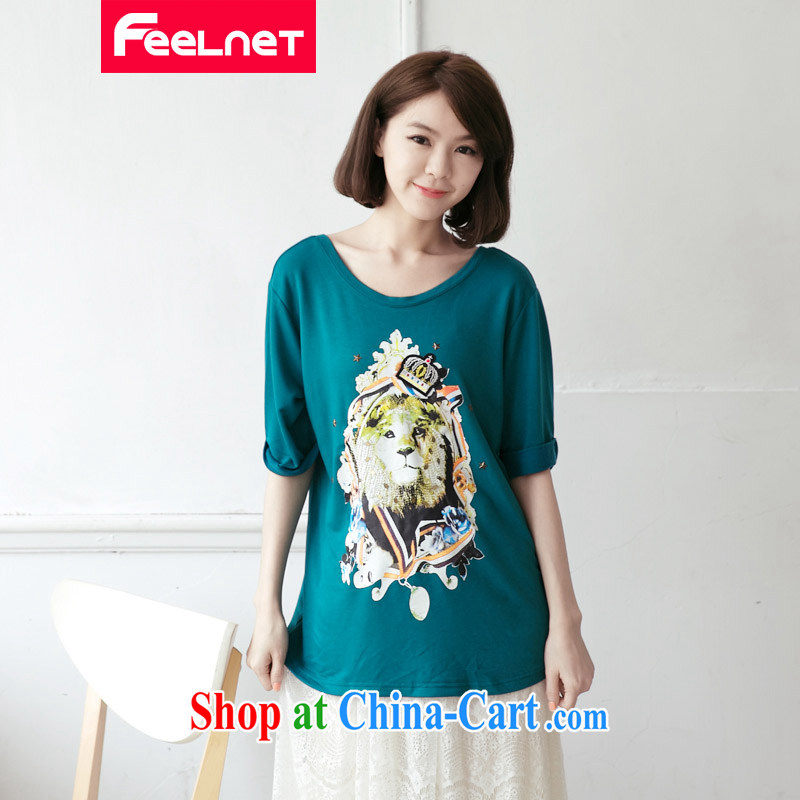feelnet XL 2015 summer new Korean video thin loose stamp T-shirt short-sleeved larger T pension 2148 green code 6 XL