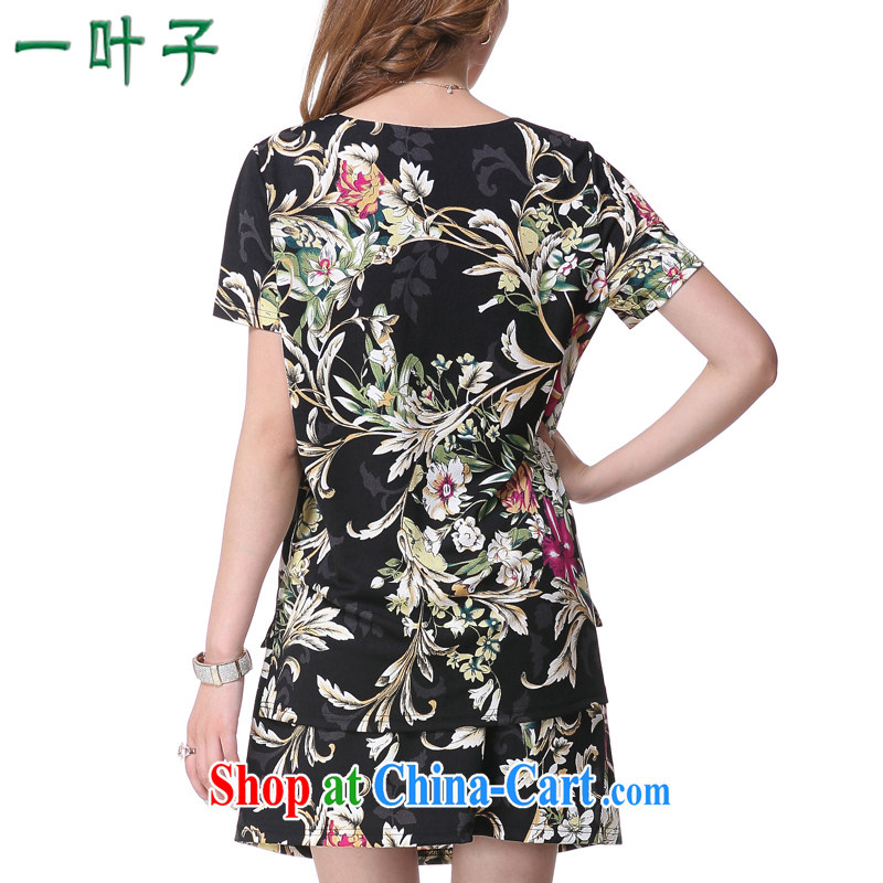 A leaf retro stamp two-piece dresses 2014 summer new, larger female black 4 XL, a leaf, and shopping on the Internet