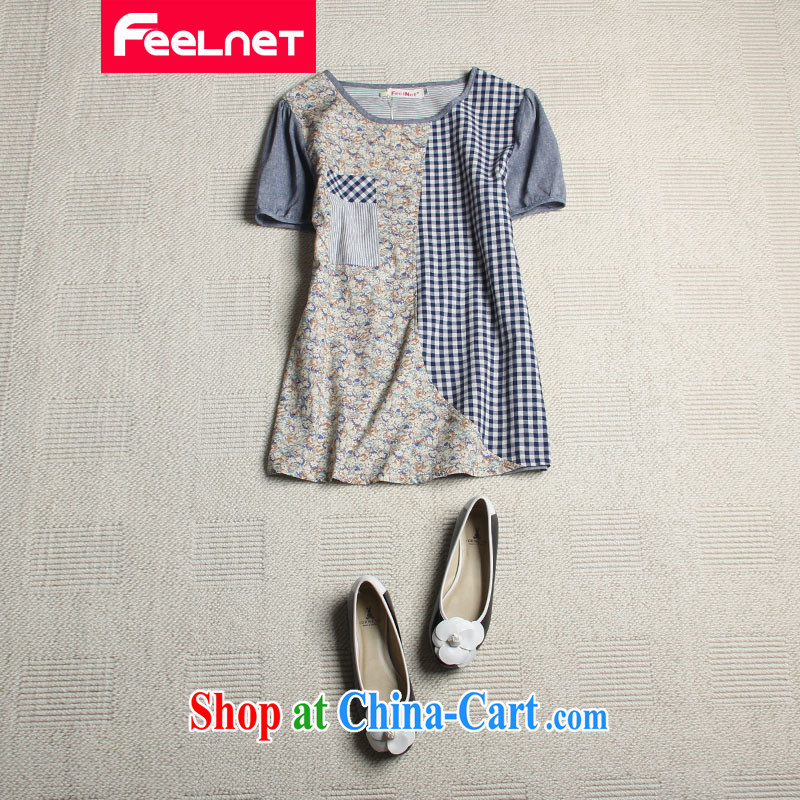 feelnet XL 2015 summer new Korean relaxed plaid stitching T-shirt short-sleeved large code T pension 2136, suit the code 3 XL