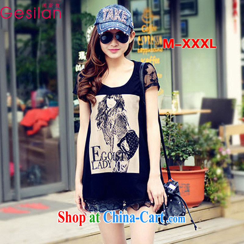 Pavilion, 2015 sponsors new summer larger female solid lace T-shirt 100 ground short-sleeved shirt T loose lace sleeveless GDT 120 black _hot style_ XXXL 140 - 150 jack