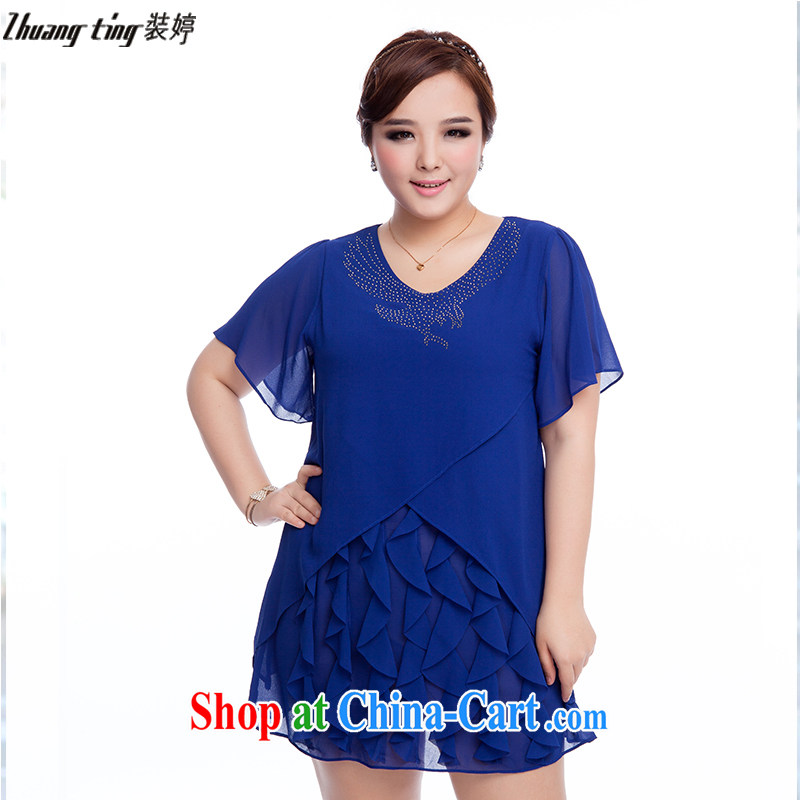 The Ting zhuangting fat people graphics thin 2015 summer new Korean version the Code women's clothing stylish and relaxed short-sleeved snow woven dresses 1606 blue 4 XL