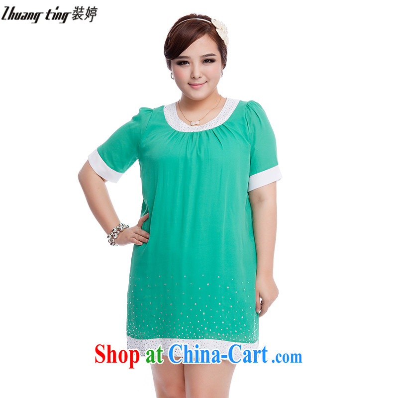 The Ting zhuangting fat people graphics thin 2015 summer new Korean version the code dress stylish hot drill round-collar short-sleeve dresses 2611 green 4 XL