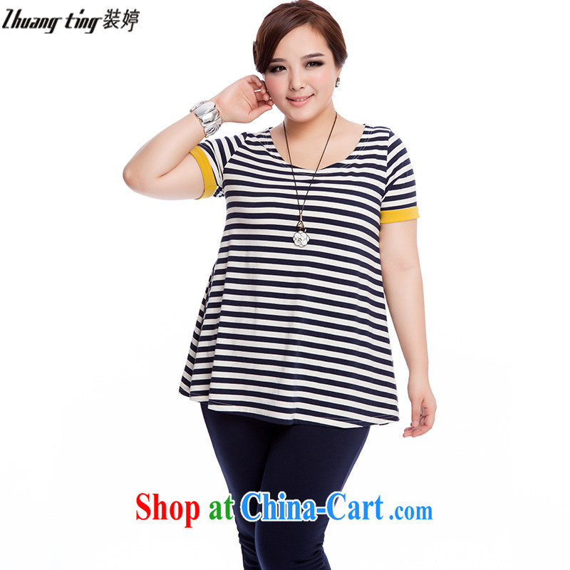 Replace-ting zhuangting fat people graphics thin 2015 summer new Korean version of the greater number, striped short-sleeved really two T pension Kit 2133 BMW blue 3 XL