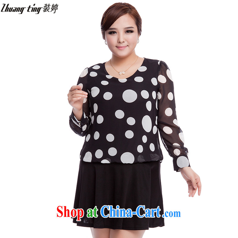 The Ting zhuangting fat people graphics thin 2015 spring new Korean version the code dress stylish dot long-sleeved snow woven dresses 3103 black 4XL