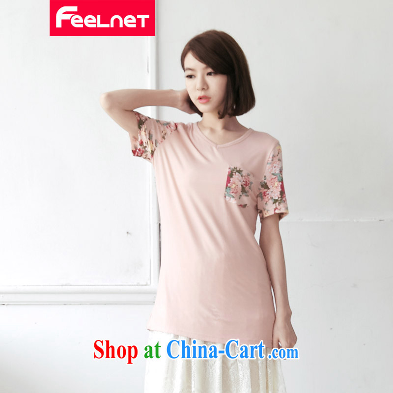 feelnet mm thick 2015 XL female summer NEW GRAPHICS thin large code t-shirt short-sleeve floral stitching large code T pension 2121 pink large code 6 XL