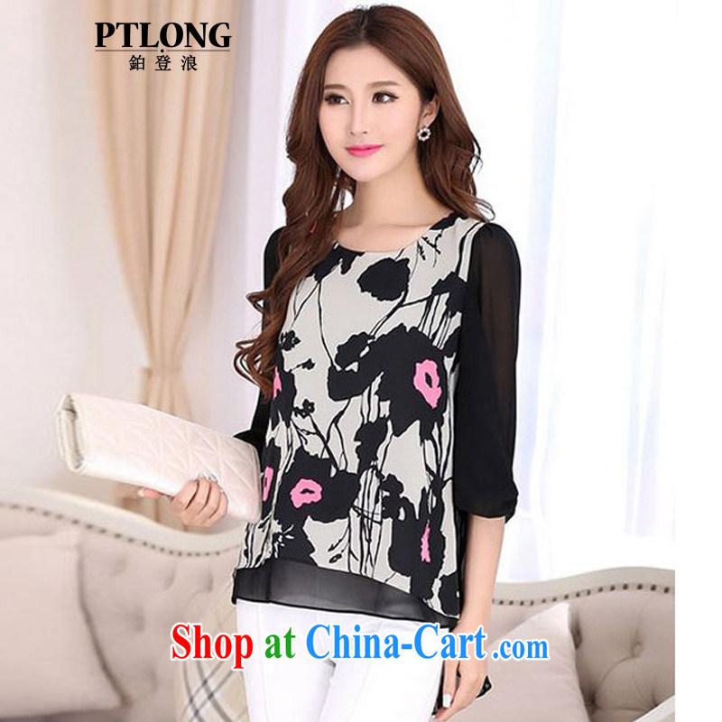 PTLONG larger female summer Ethnic Wind the snow pattern woven shirts mm thick and fat XL T-shirt mom on summer picture color XXL, platinum sign wave (PTLONG), shopping on the Internet
