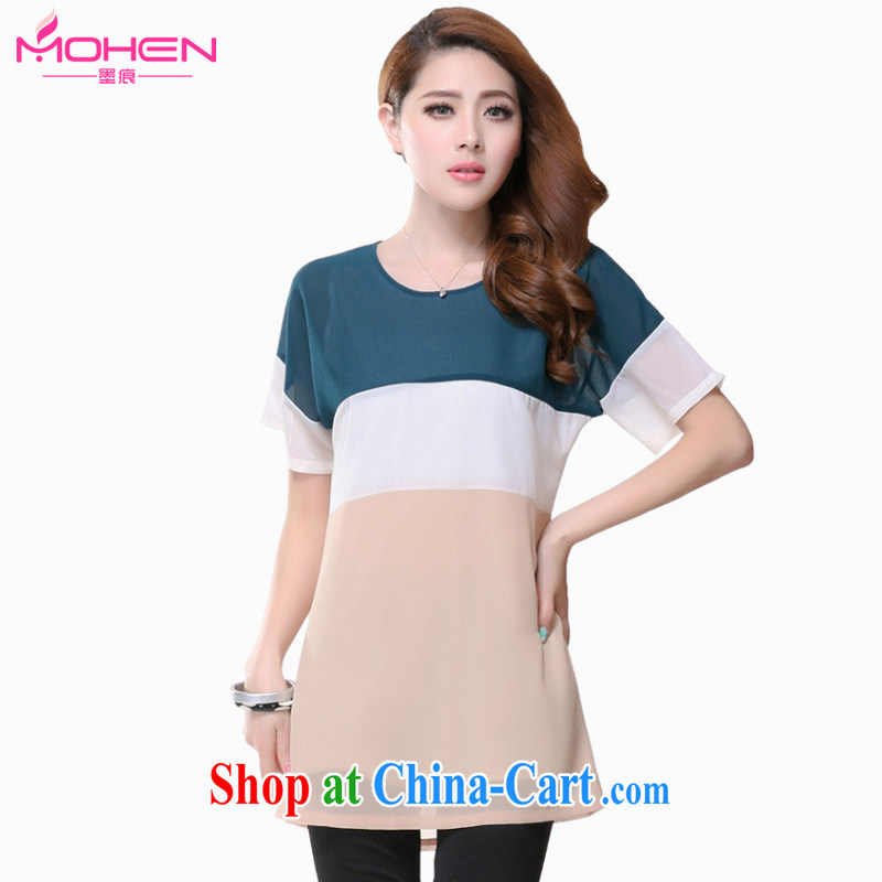 The ink marks summer 2015 new Korean Hit color stitching, long, short-sleeved snow woven T-shirts and indeed XL women mm thick with snow beauty woven shirts blue stripe vase XXXL