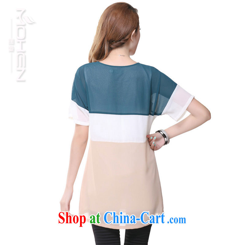 The ink marks summer 2015 new Korean Hit color stitching, long, short-sleeved snow woven shirts and indeed increase, female fat mm round-collar beauty snow woven shirts blue vase XXXL streaks, ink marks, and shopping on the Internet