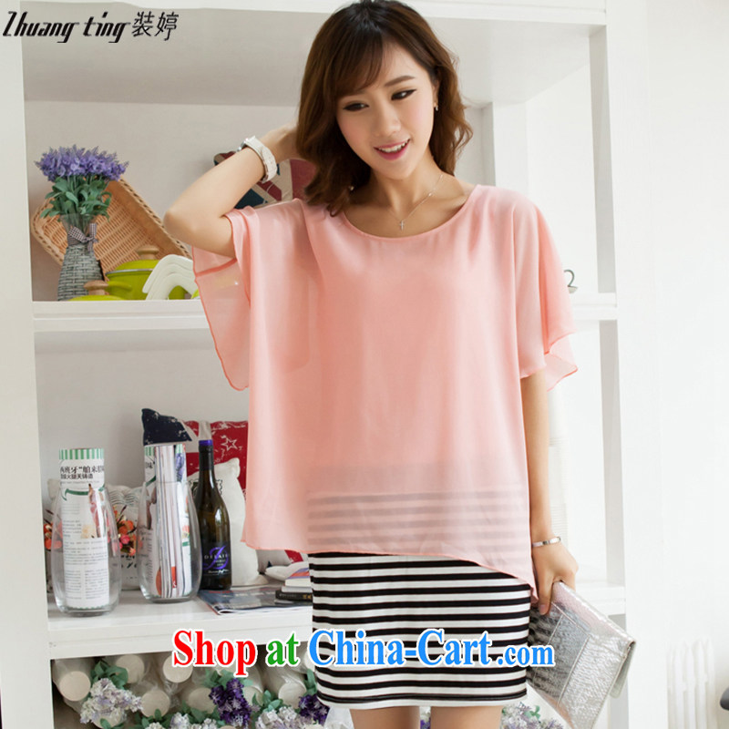 Replace-ting zhuangting fat people graphics thin summer 2015 new Korean version of the greater code female short-sleeved leave two snow-woven dresses 1064 pink XL