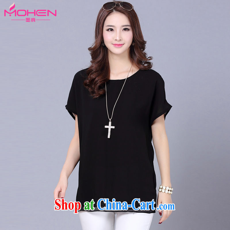 The ink marks 2015 new summer Korean female loose video thin thick mm and indeed XL snow woven shirts with fake two bat short-sleeve girls T-shirt black 5 XL