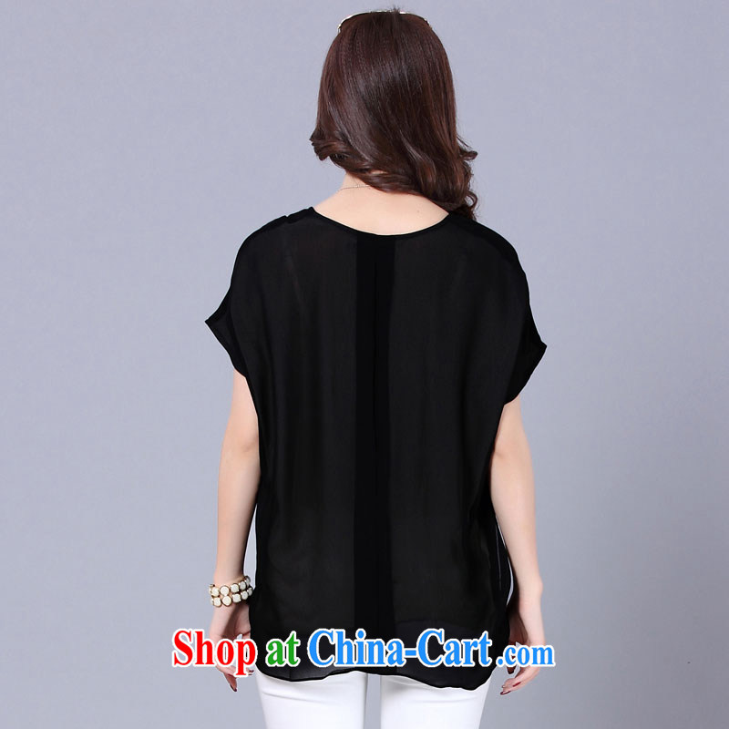 The ink marks 2015 new summer Korean female loose video thin thick mm and indeed XL snow woven shirts with fake two bat short-sleeve girls T-shirt black 5 XL, ink marks, and shopping on the Internet