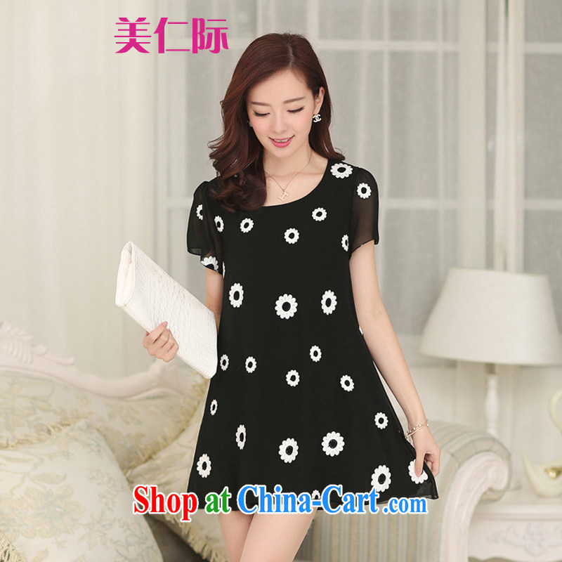 The US in the summer and indeed increase, female fat sister graphics thin loose snow woven embroidered short sleeve dresses MJ 069 black XXXL