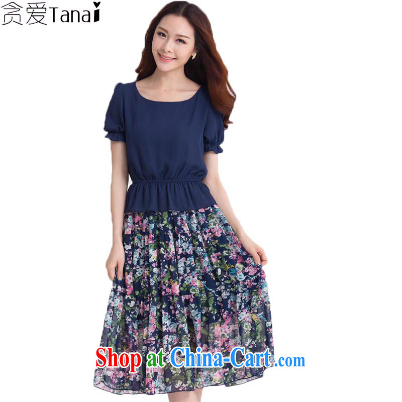 Loved summer new, mm thick and indeed increase, female short-sleeved snow woven floral-yi long skirt 3509 blue XXXXL