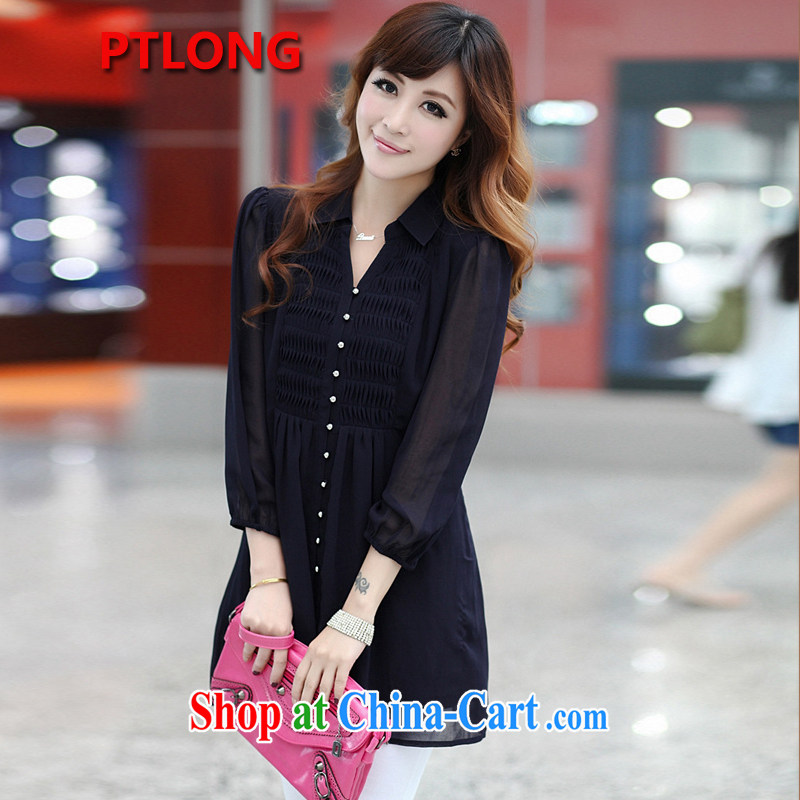Platinum sign wave (PTLONG) the code female Korean snow woven shirts thick mm and indeed increase code 9 cuff lapel shirt dark blue XXXXXXL, platinum sign wave (PTLONG), shopping on the Internet