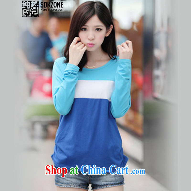 Simply stamped 2015 spring new loose the code bat sleeves stitching color streaks long-sleeved shirt T 036 Lake blue XL