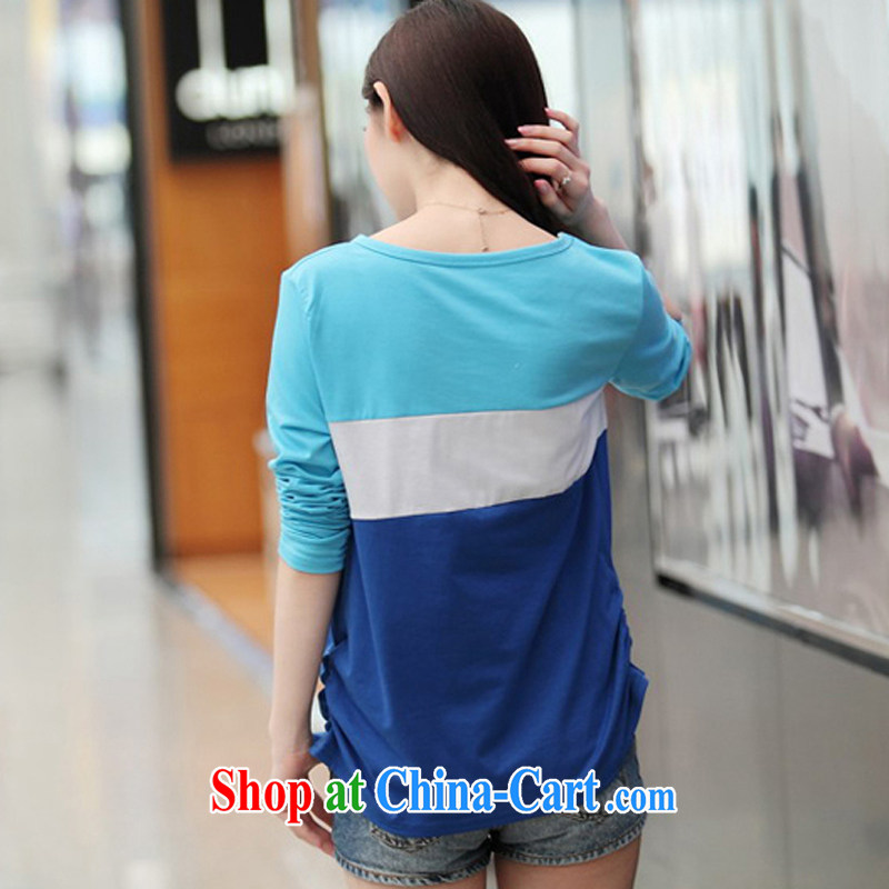 Simply stamped 2015 spring new loose the code bat sleeves stitching color streaks T long-sleeved shirt 036 Lake blue XL, pure (Pure impression, and, shopping on the Internet