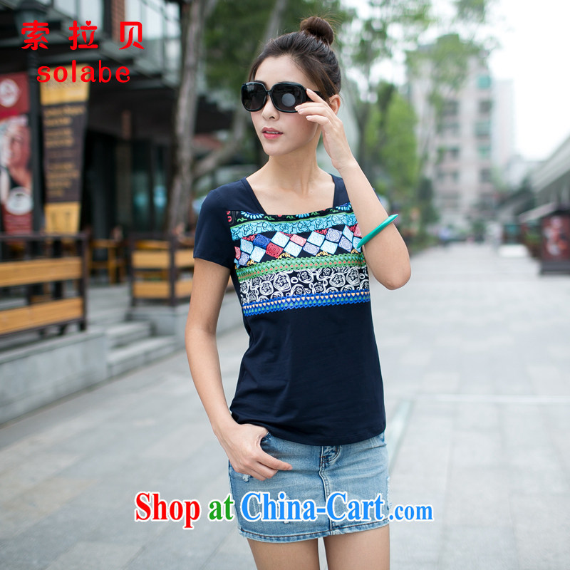 Solabe/pull the Addis Ababa, female summer short sleeved shirt T Ethnic Wind party collar bat sleeves and stylish stamp thin, graphics thin T-shirt 7608 mm blue XXL, Addis Ababa (solabe), online shopping