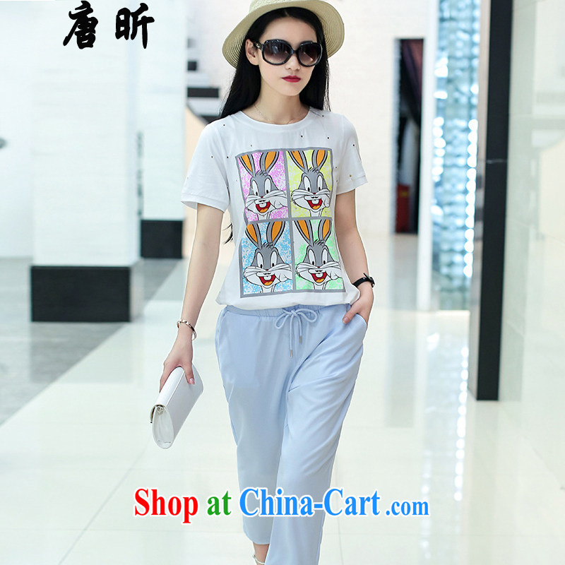 Tang year larger female package summer short-sleeve cotton ma Two-piece loose video thin T pension thick MM and indeed increase + 9 pants blue_1993 2 XL 135 - 145 about Jack