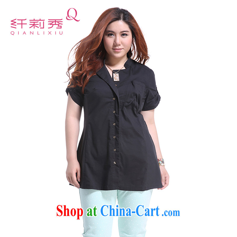 Slim Li-su summer 2014 new large code female minimalist style small, way to pull the cuff long cultivating shirt Q 3676 black XL