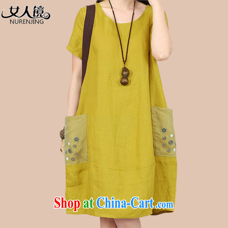 Woman mirror 2015 Korean lax XL yarn Web coin decorated with large pocket short-sleeved linen skirt _N 9959 - 1 yellow XXL
