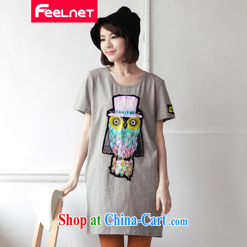 feelnet XL girls with thick mm summer new relaxed long Graphics thin short-sleeve owl T pension 2171 gray 3 XL