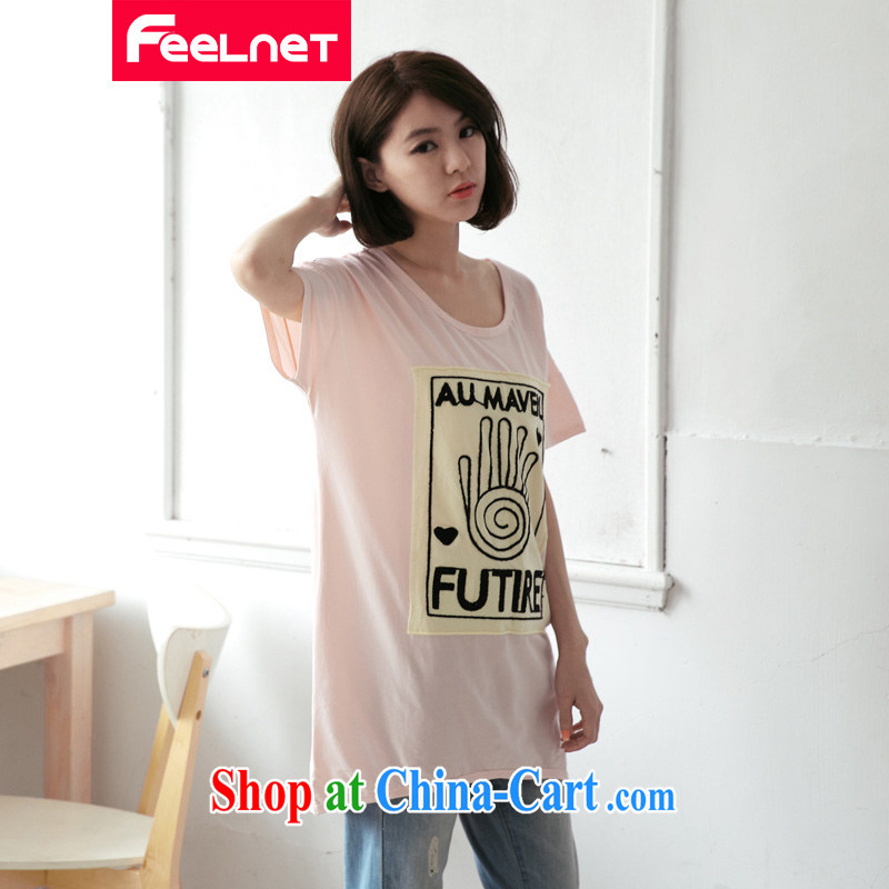 feelnet XL girls with thick mm summer new Korean long loose video thin letter short-sleeve shirt T 2174 black 3 XL, FeelNET, shopping on the Internet
