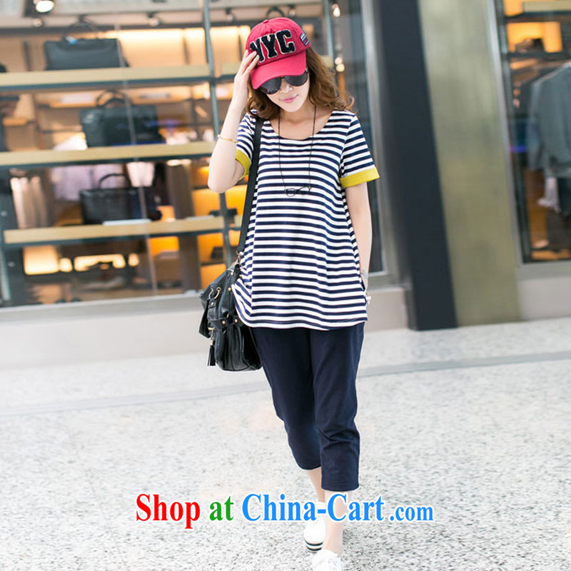 The proscribed Lin, summer 2014 new, larger female liberal stripes short-sleeved T shirts 7 pants set thick, graphics thin sport and leisure package thick sister summer blue stripes Kit 4 XL, card stock, Lin (kraftlina), online shopping