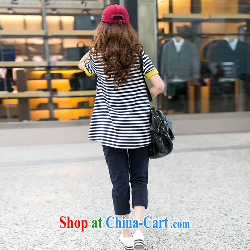The proscribed Lin, summer 2014 new, larger female liberal stripes short-sleeved T shirts 7 pants set thick, graphics thin sport and leisure package thick sister summer blue stripes Kit 4 XL, card stock, Lin (kraftlina), online shopping