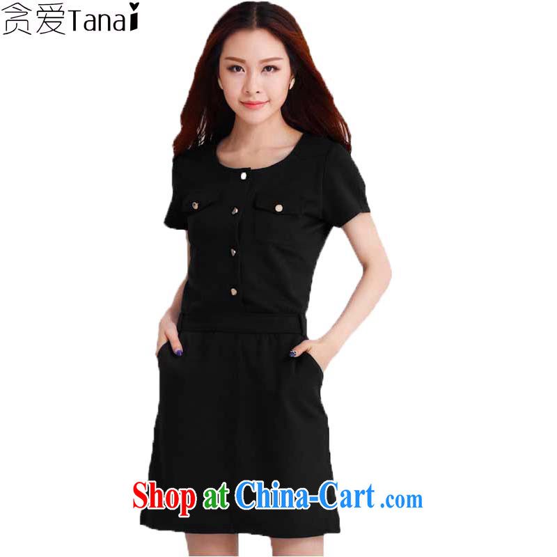 Loved summer new thick mm larger female Korean minimalist pocket short-sleeve dress 3513 black XXL