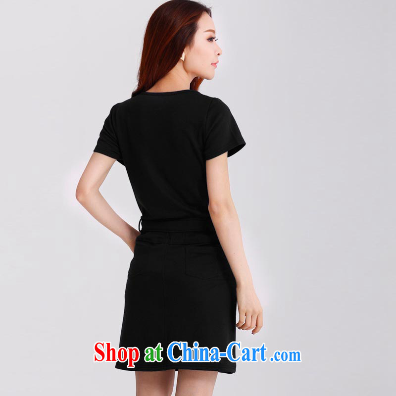 Loved summer new thick mm larger female Korean minimalist pocket short-sleeve dress 3513 black XXL, loved (Tanai), online shopping