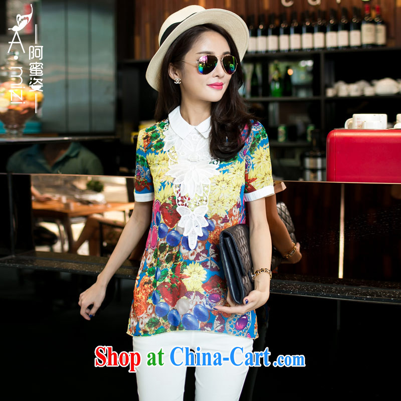 The honey and diverse large, female fat MM Korean summer new short-sleeved lapel lace stamp snow woven shirts shirt women 8746 XXXXL suit, the honey, and, shopping on the Internet