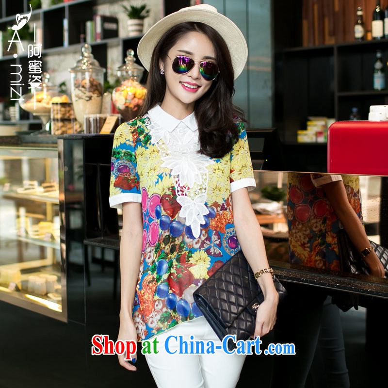The honey and diverse large, female fat MM Korean summer new short-sleeved lapel lace stamp snow woven shirts shirt women 8746 XXXXL suit, the honey, and, shopping on the Internet