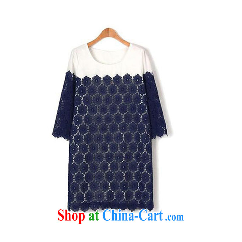 Summer NOS new larger female fat people dress hand-made high-end Custom Spell-color lace short-sleeved dress skirt solid L 7671 blue 4 XL 180 - 220 jack