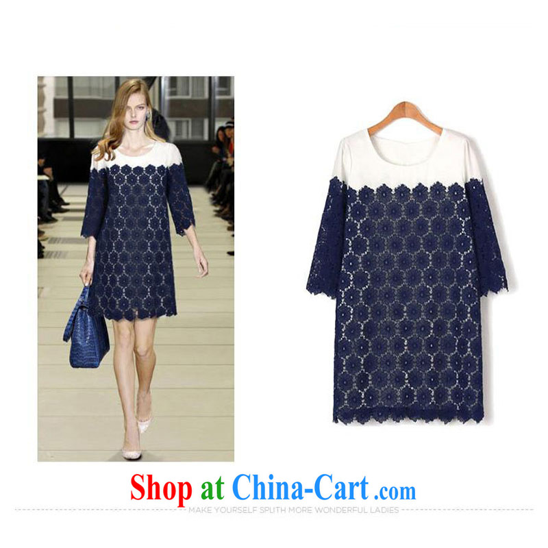 Summer NOS new, larger female fat people dress hand-made high-end Custom Spell-color lace short-sleeved dress skirt solid L 7671 blue 4 XL 180 - 220 jack, the thin (NOS), online shopping