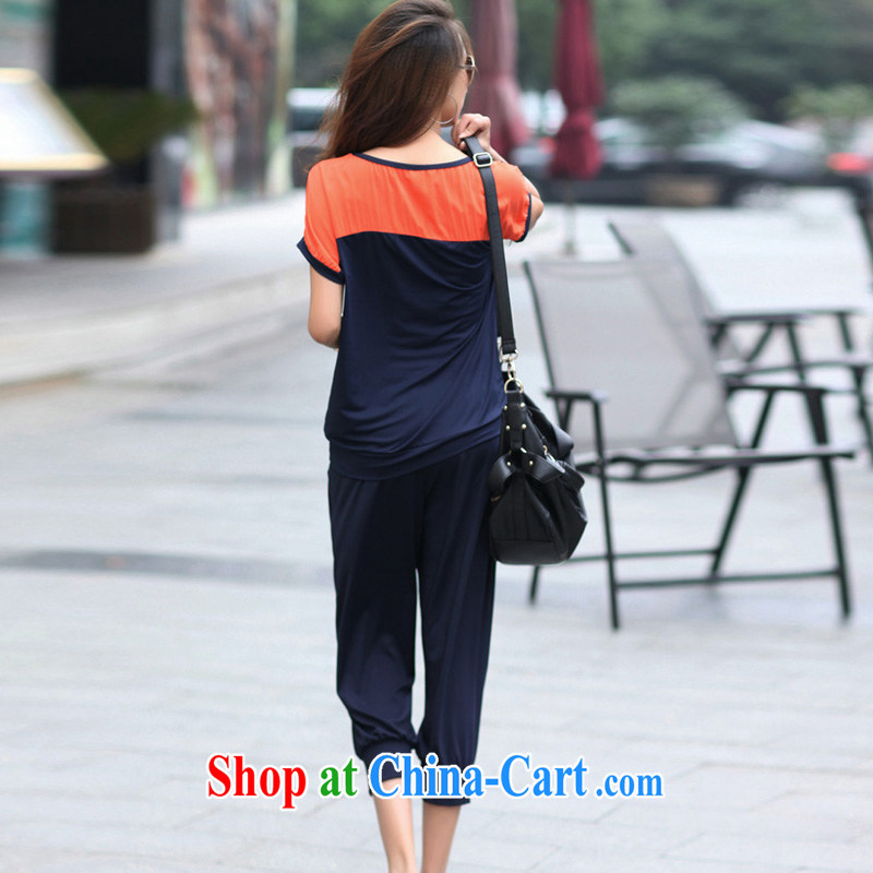 Thick MM larger female short-sleeve T-shirt 9 pants graphics thin sport and leisure package girls summer 2014 Korea summer dark blue XXXL, Biao (BIAOSHANG), online shopping