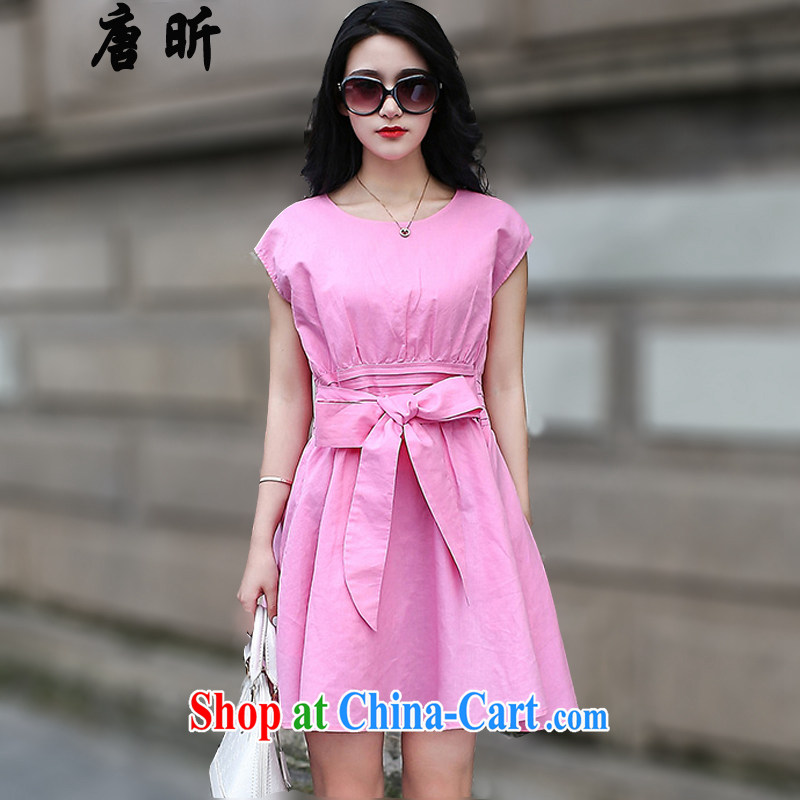 Tang year Korean version of the greater code female summer new thick mm round-collar short-sleeve cotton facade the small fresh-waist dress pink_1739 XL 4 165 - 175 about Jack