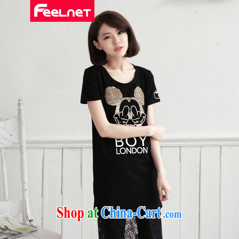 2015 feelnet Korean summer new thick mm larger, generation, cotton long version loose letter short-sleeve T-shirt 2156 black 3 XL