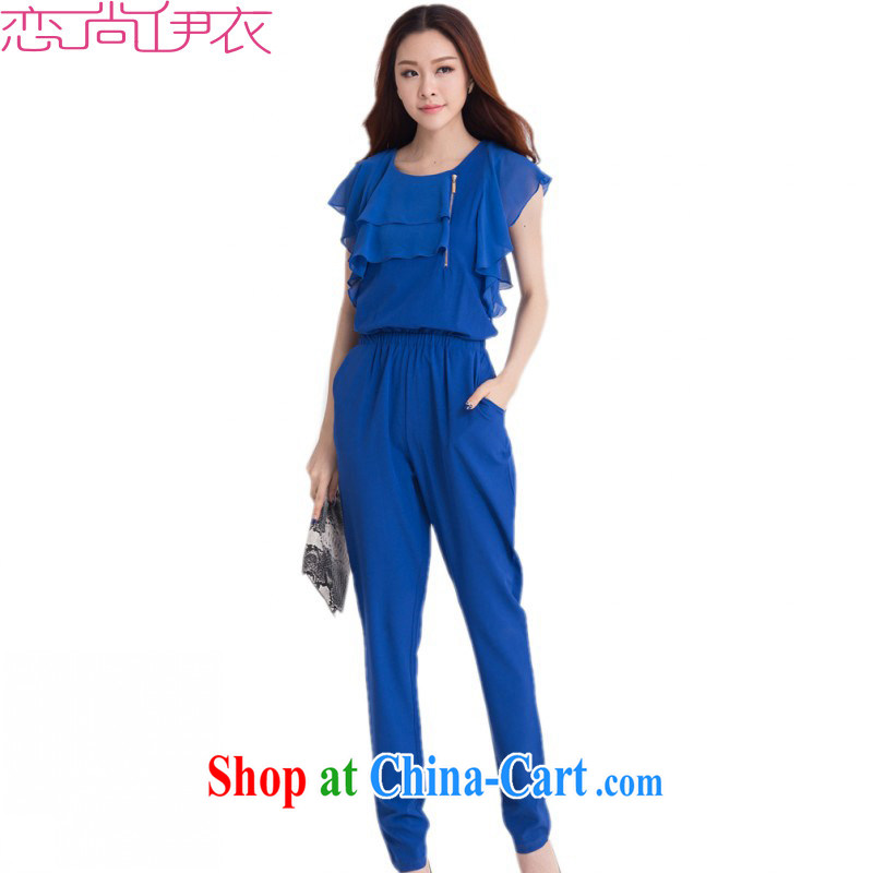 The package-m thick and fat and stylish women's clothing 2015 new summer-elegant OL aura-trousers flouncing short-sleeved clothing and long pants blue XL approximately 130 - 145 jack