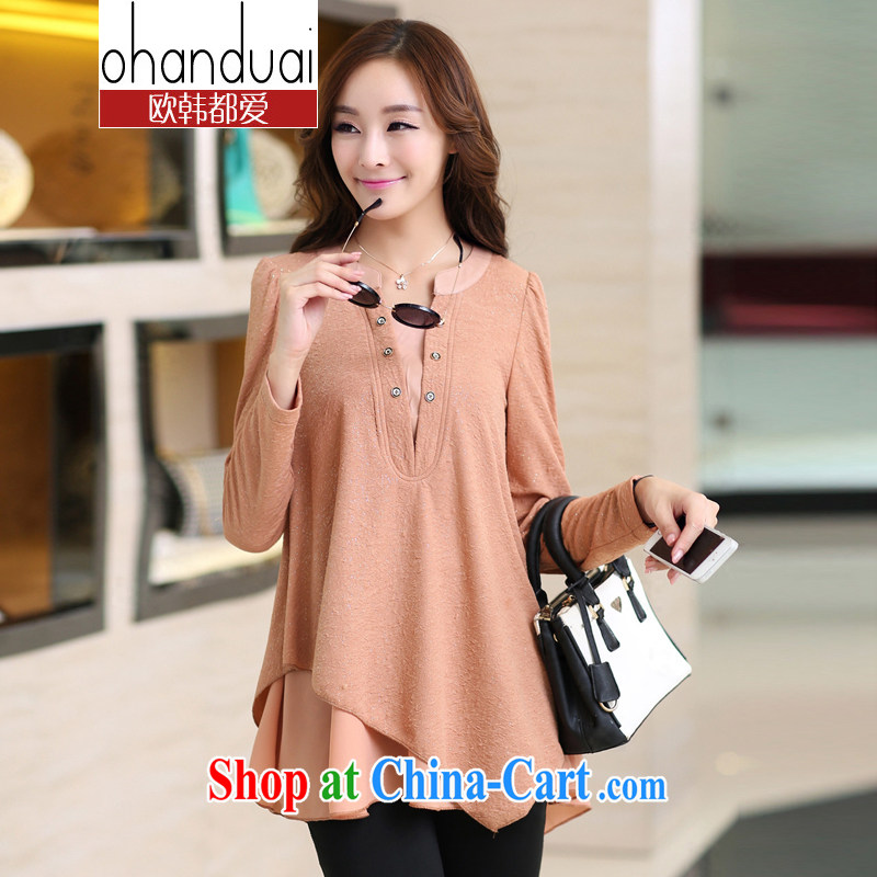 The Love 2015 spring new V collar stitching leave of two long-sleeved larger female solid shirt OH 341,803 genuine pink genuine XXXL